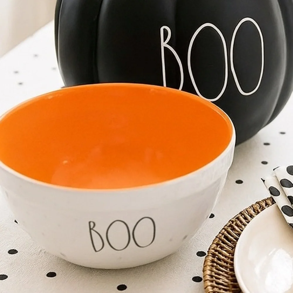 Rae Dunn Boo 10” Melamine Halloween Bowl Spooky Tableware Decor White Orange